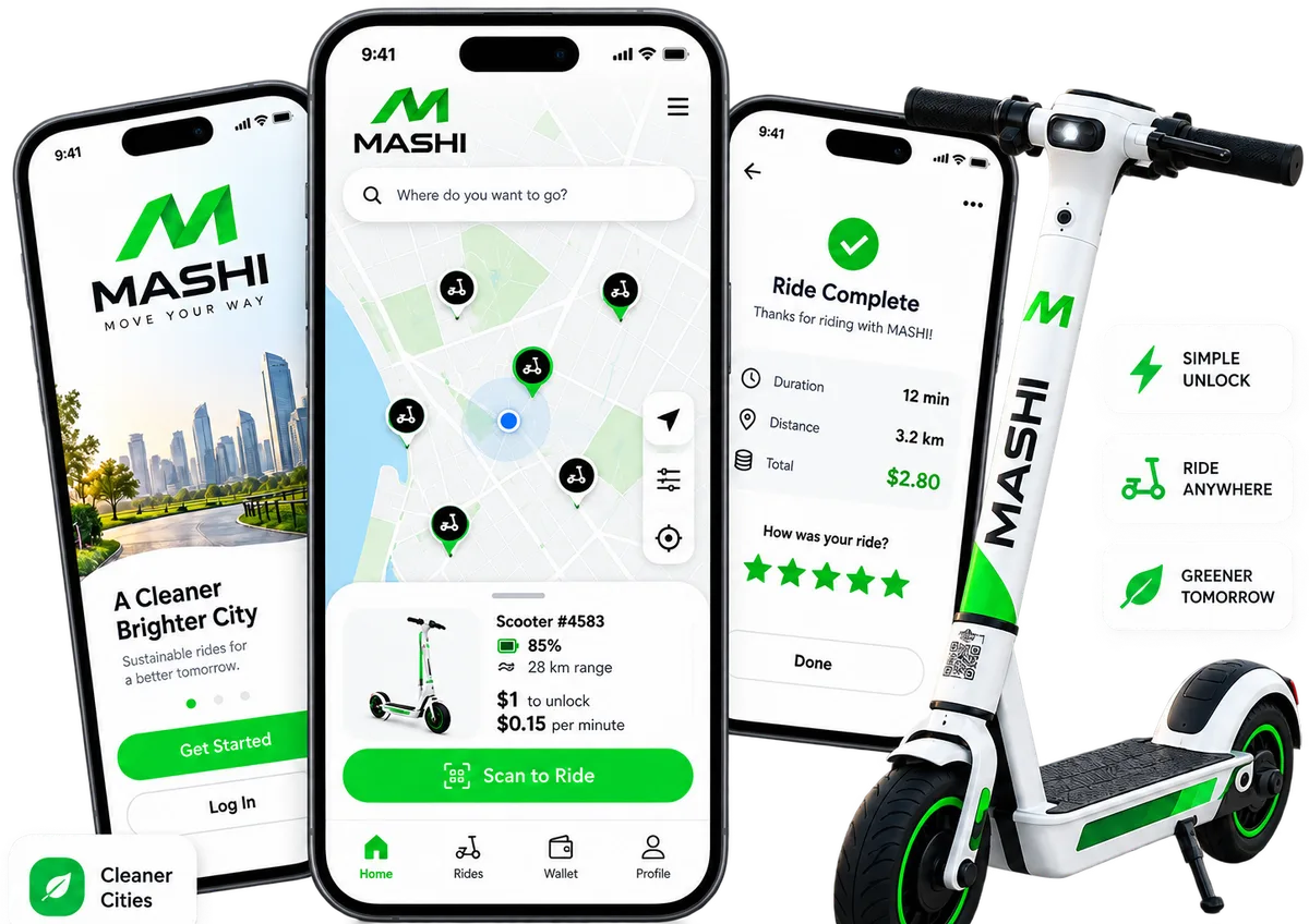 Three MASHI app screens beside a MASHI scooter: finding a scooter on the map, the unlock price per ride and per minute, and a completed trip with its duration, distance and total.